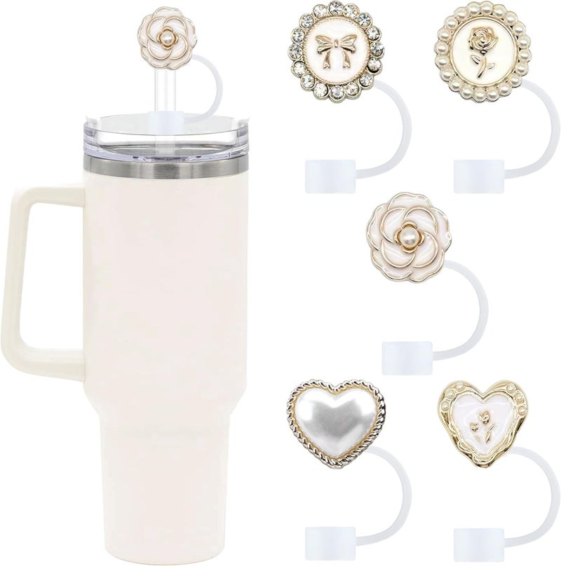 SEMATA 5PCS Silicone Straw Toppers for Stanley Cup Accessories,Pearls Rhinestone Straw Cover Cap for Stanley Tumbler 40&30 oz,Cute White Reusable Straws Tips Protectors Compatible with 10mm Straws - Image 1